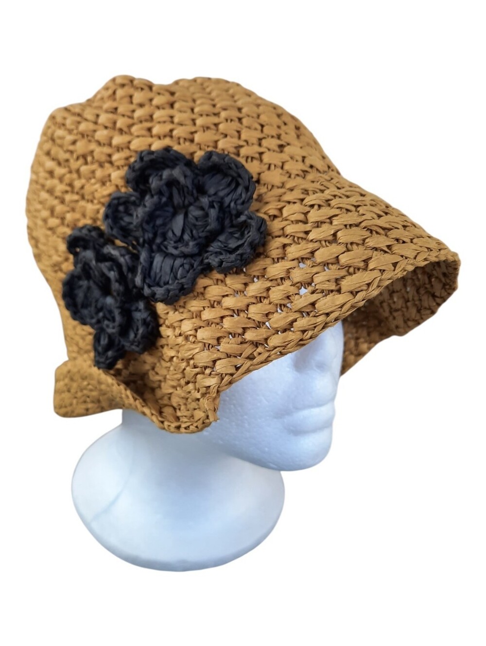 Woven Straw Paper Summer Bucket Hat With Black 3D Rosettes OS